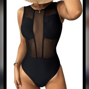 Black One Piece Swimsuit with Plunging Neckline and‎ High-Cut Legs